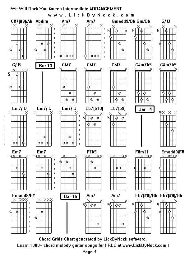 Chord Grids Chart of chord melody fingerstyle guitar song-We Will Rock You-Queen-Intermediate ARRANGEMENT,generated by LickByNeck software.